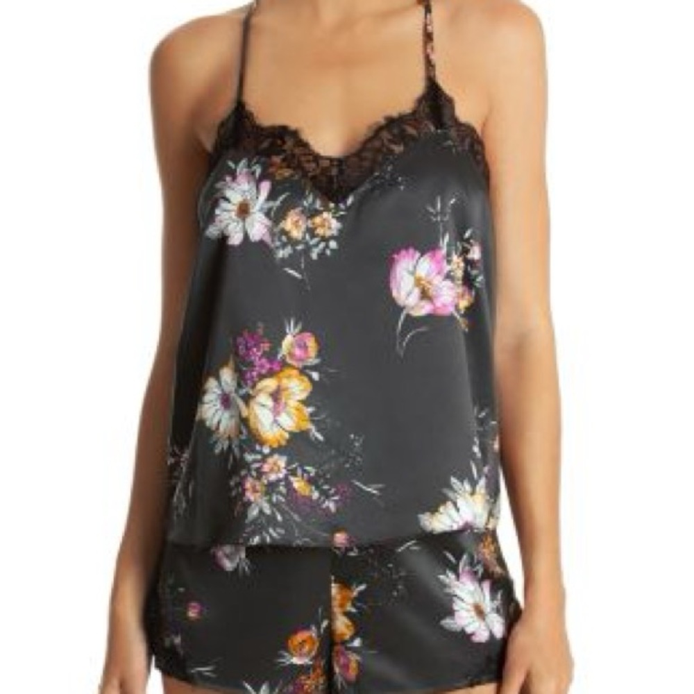 Black Floral Lace-Trim Satin Cami & Shorts Sleep Set